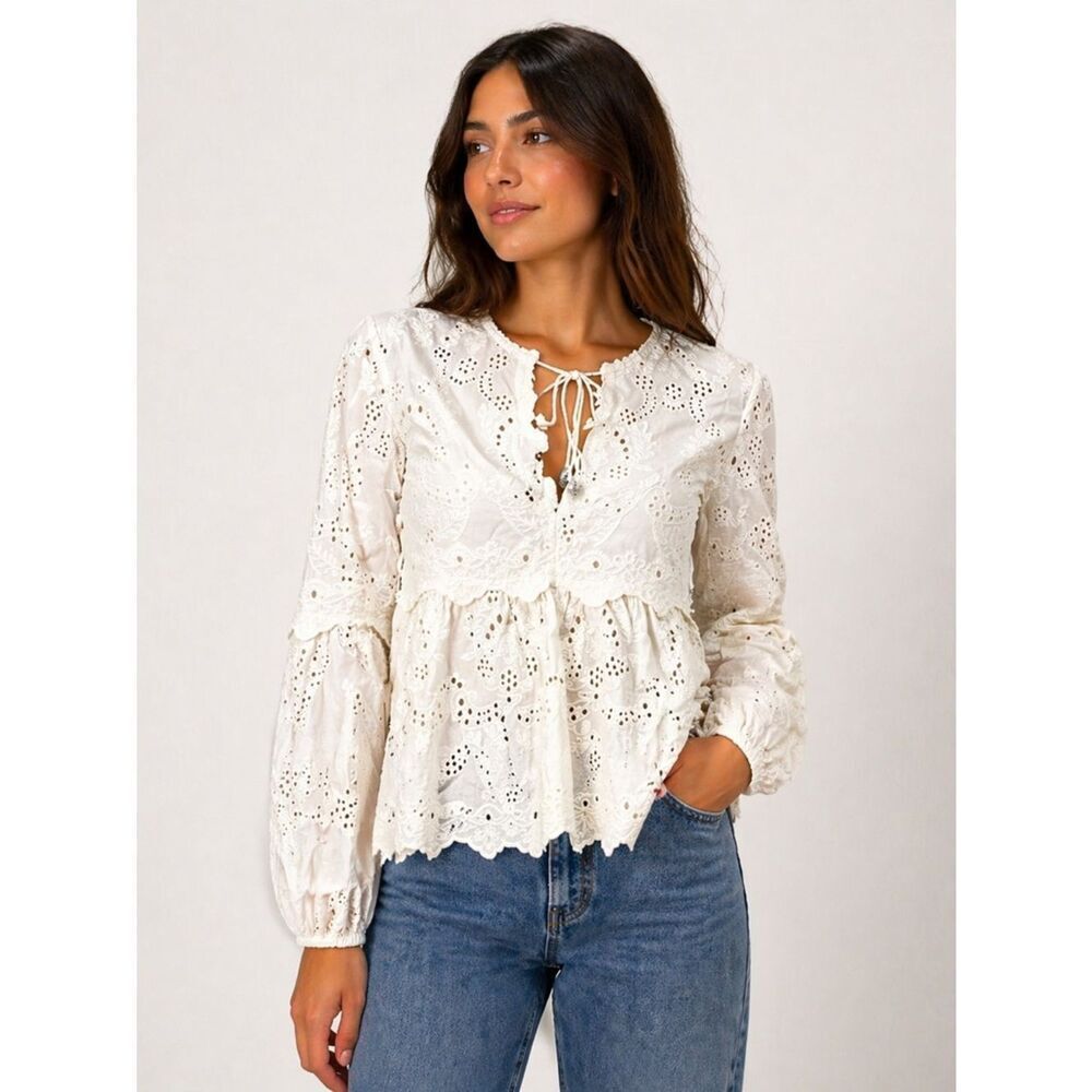 Kooples Embroidery Cotton Tie Neck boho Bohemian Lace Top